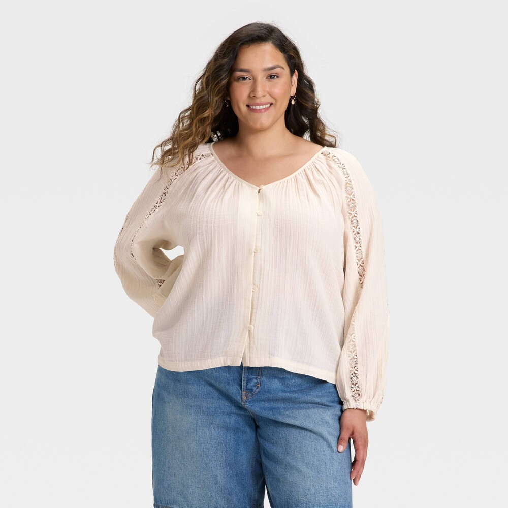 Balloon Long Sleeve Lace Blouse - Cream XL